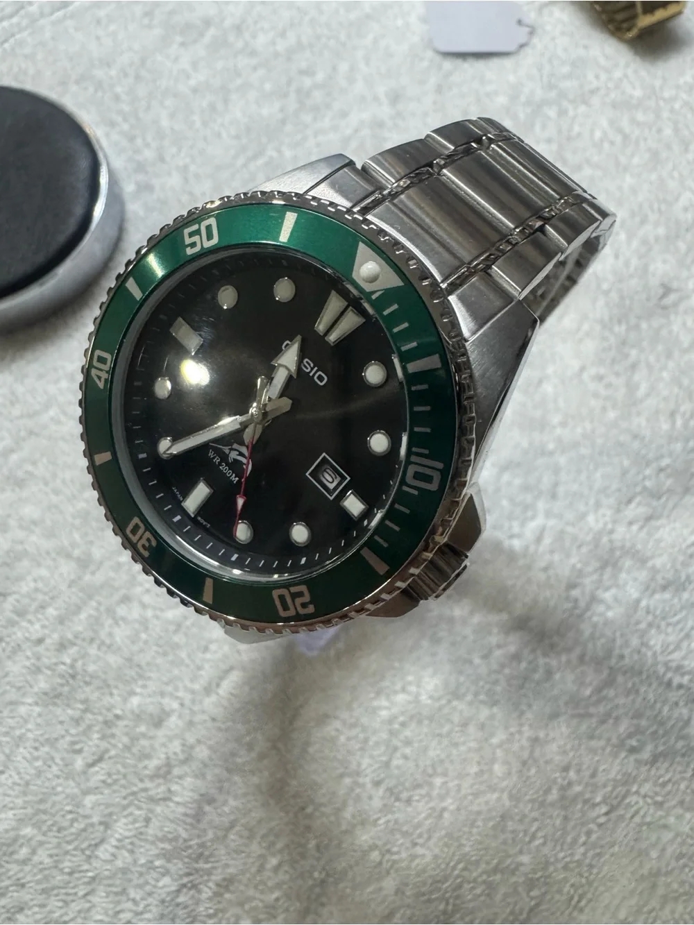 Casio Men's Green Bezel Black Dial Stainless Steel Watch